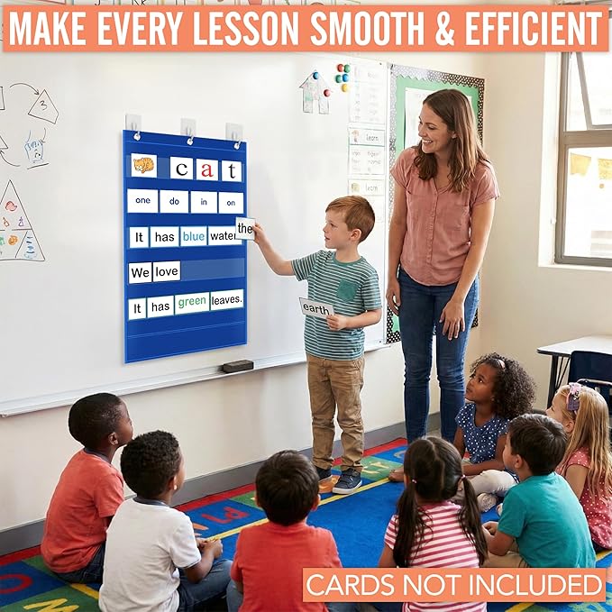Pocket Chart for Classroom - 5+1 Small Blue Pocket Chart for Alphabet Learning Word Wall Calendar Daily Schedule Sentence Strips Sticker Display, Teacher Supplies for Preschool Kindergarten & Home