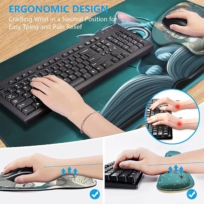 AQQA Mouse Pad Set,Ergonomic Mouse Pad with Wrist Rest,Comfortable Mousepad with Smooth Wrist Support Surface and Non-Slip PU Base forHome Office Desk Accessories Decor Supplies,Cute Cat