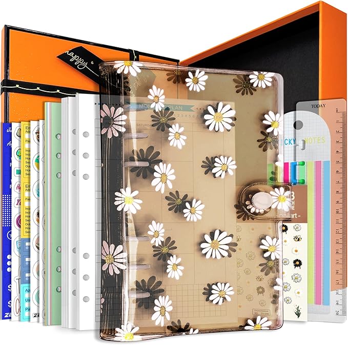 A6 A5 6-Holes Colorful PVC Cover Personal Organizer with Snap Button Closure File Folder for Loose Leaf Sheet Notebook (Black Daisy, A5 Gift Box)