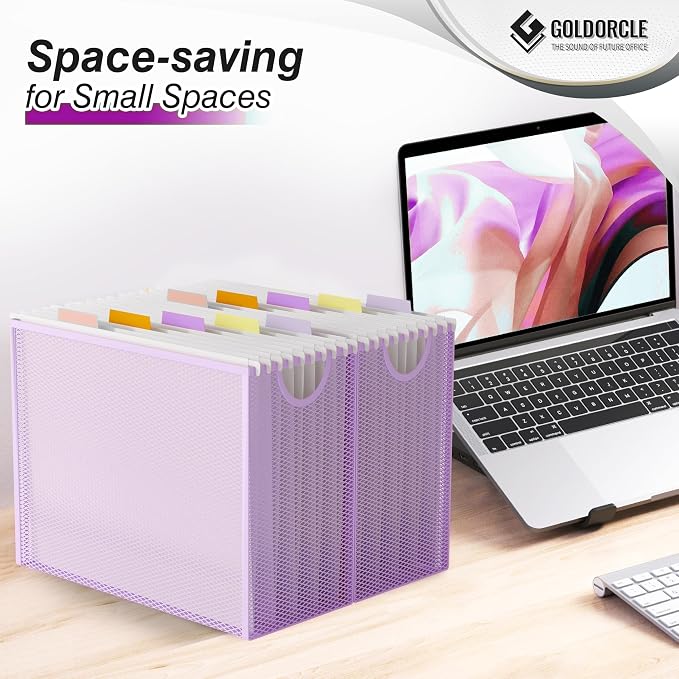 Hanging File Organizer, Letter-Size File Holder Filing Box with 5 Hanging Folders, Metal Mesh Desk File Folder Storage(No Assembly Required) (Purple, with 5 Grey Folders)