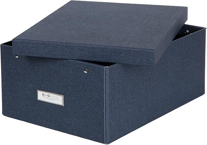 Bigso Katia KD Collapsible Storage Box with Labelframe for Easy Identification - Simple Assembly without Tools - Decorative Storage Boxes with Lids - 11.3in x 15.4in x 6.4in - Blue