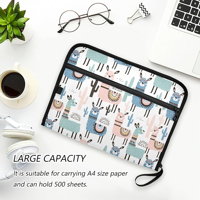 Cartoon Cute Alpaca 13 Pockets Expanding File Folder with Sticky Labels Accordion File Folder Document Organizer Letter Size A4 Papers Expandable File Keeper
