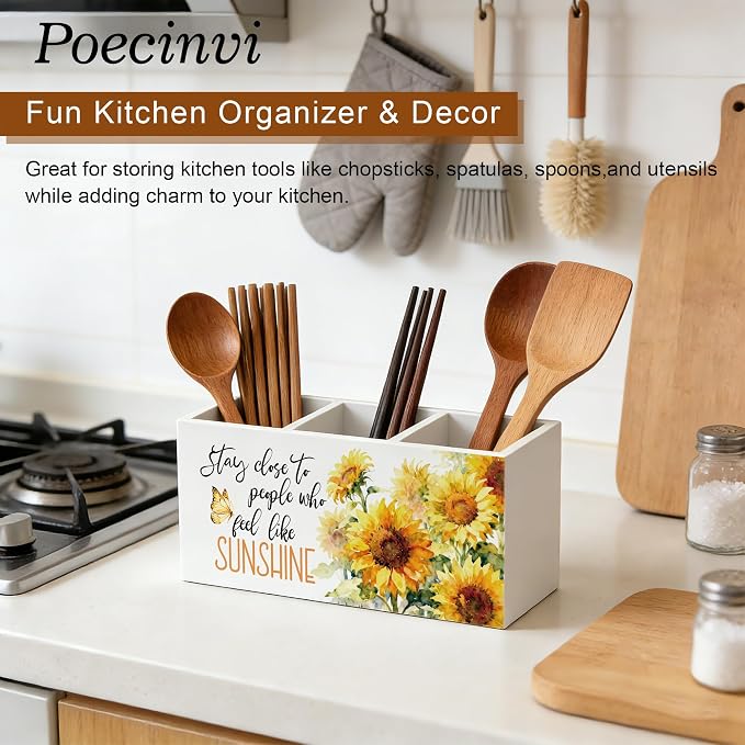 Inspirational Sunflower Pen Holder for Home Office Desk, Stay Close to People Who Feel Like Sunshine Motivational Wooden Box Sign Pencil Holder for Desk Shelf Organizer