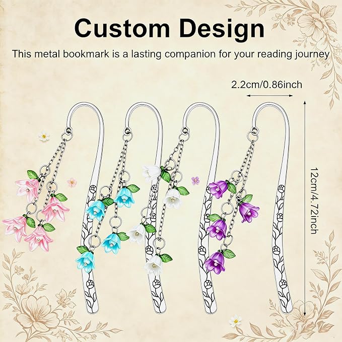 4PCS Bookmarks for Women Reading Metal Book Mark for Readers Book Lovers Aesthetic Cute Bookmarks Silver Personalized Floral Bookmark with Pendants Pretty Book Accessories Reading Gifts