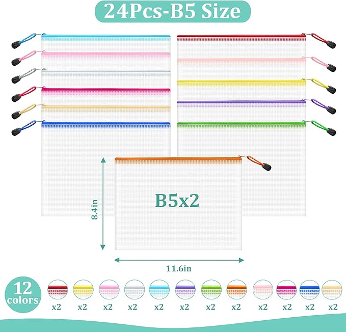 24pcs Mesh Zipper Pouch Bags, B5 Zipper Pouch, Mesh Bags with Zipper, Plastic Zipper Pouches, 12 Colors Zipper Pouches for Organizing, Puzzles, Travel, School Office Organize