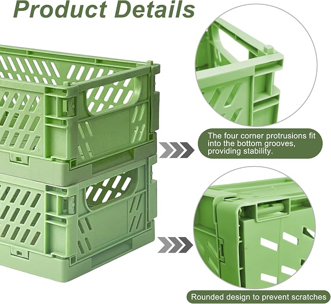 6 Pack Mini Foldable Small Plastic Baskets for Organizing and Storage，Collapsible Storage Crates,Mini Bins for Home Kitchen Bedroom Bathroom Office (Green, Small 6x4x2.2)