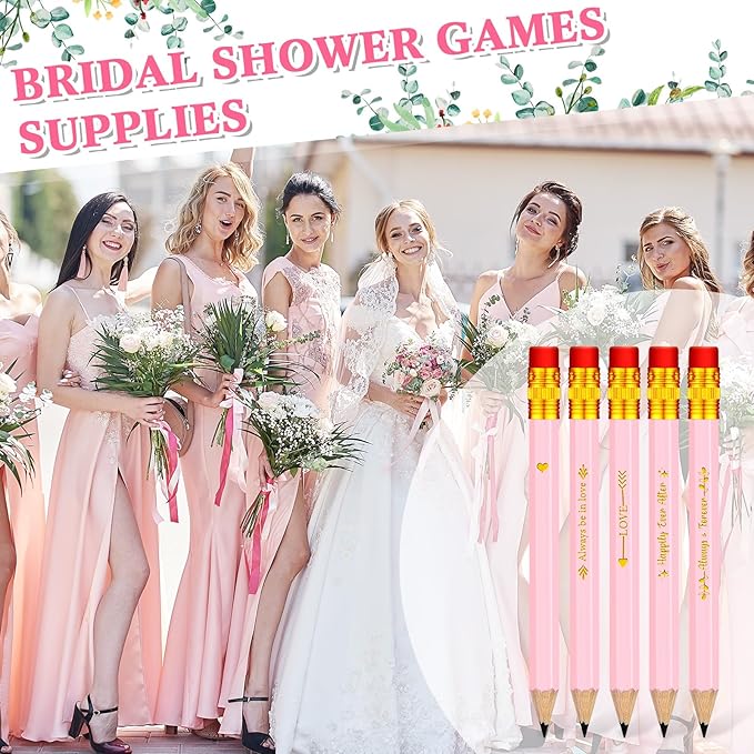 Crtiin 50 Pcs Bridal Shower Pencils Half Golf Wedding Pencils with Eraser 4 Inch Short Pocket Pre Sharpened for Wedding Game Bridal Shower Presents Classroom School(Pink)
