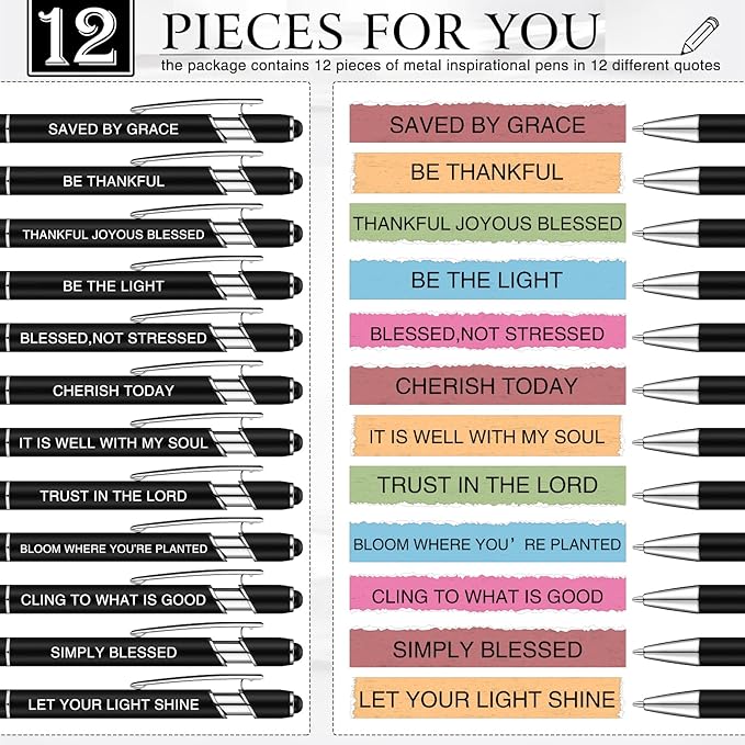 Zonon 12 Pcs Inspirational Pens Gift Set Funny Ballpoint Pen with Stylus Tip Motivational Graduation Gifts Bulk for Teacher Coworkers Nurse School Office Supplies(Black,Bible Style)