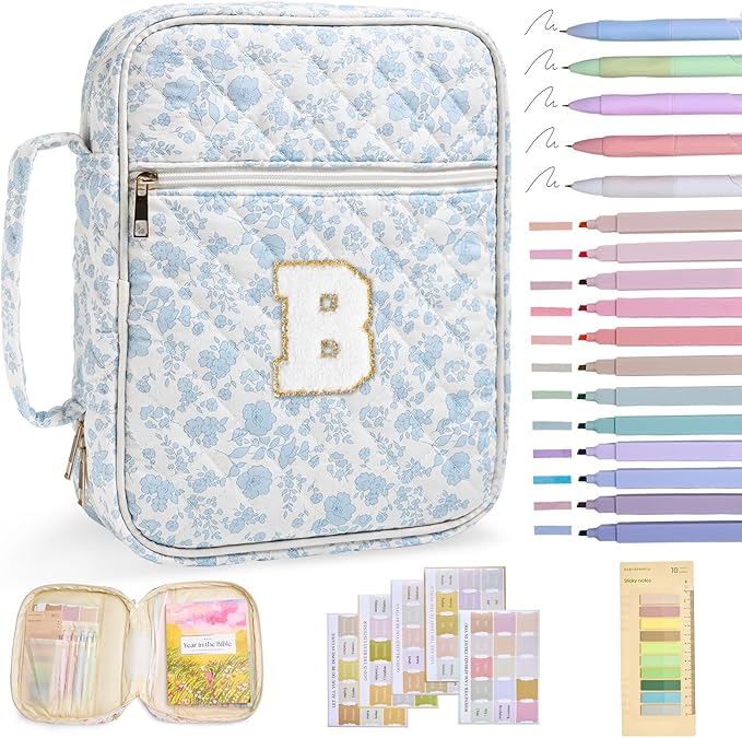 Personalized Initial Bible Cover Case for Women Girls Kid Large Bible Cover with Durable Handle Quilted Bible Carrying Case for Girls Bible Study Supplies Accessories (Blue Flower B, one Size)