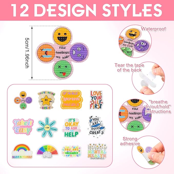 Sabary 120 Pcs Mental Health Awareness Anxiety Sensory Stickers Bulk Sensory Strips Anxiety Calm Textured Strip Stickers with Inspirational Quotes Different Styles for Adults Relief (Cartoon,Colorful)