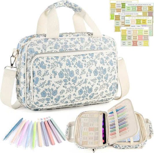 Bible Cover Case for Women, Large Quilted Bible Bag with Bible Study Supplies 5*Sticker & 5*Highlighter & 5*Pen, Stylish Church Bag Journaling Kit, Mothers Day Christian Gifts (Blue Floral)