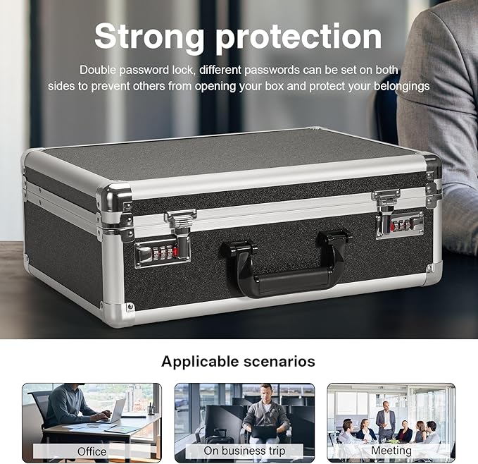 LOCKCURX File Organizer Storage Box - 18.9 x 14.6 x 6.3 Inch X-Large, Portable Locking Storage Totes with Dual Combination Locks for Cash, Documents & Valuables - Black