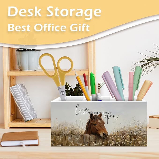 Inspirational Horse Pen Pencil Holder, Gifts for Horse Lovers, Live Like Someone Left the Gate Open Wooden Pen Pencil Organizer for Farmhouse Home Office Desk Decor