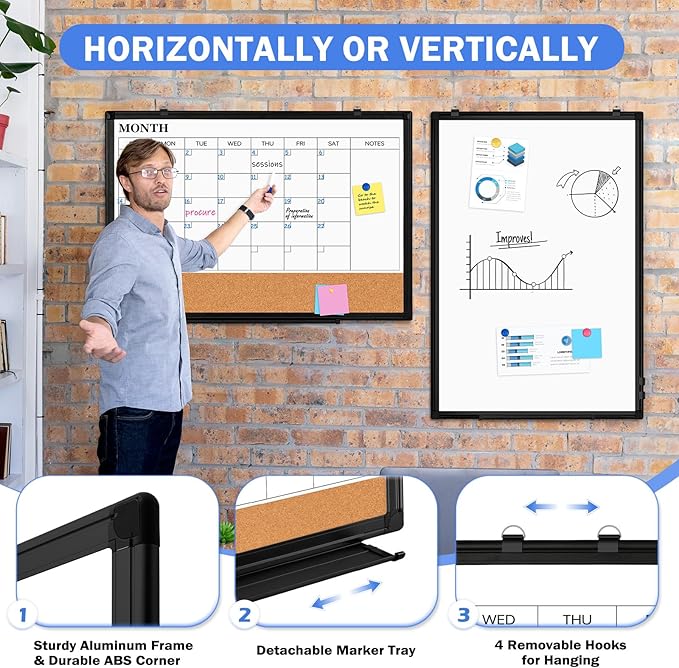 Monthly Calendar Whiteboard Dry Erase Cork Board Combo for Wall, 36" x 24" Magnetic Double-Sided Calendar White Board and Bulletin Board, Portable Board for Office, Kitchen, School, Home