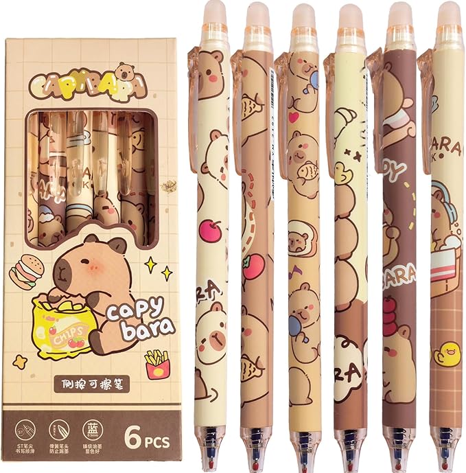 6 Pcs Capybara Erasable Gel Pens Retractable Pens - Erasable Gel Ink Pens Cute Cartoon Design, 0.5mm Fine Point Blue Ink, Perfect for Office, School