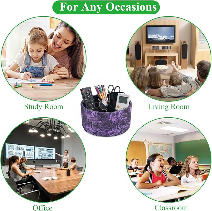 Remote Control Holder, 360°Spinning PU Leather Desk TV Remote Caddy,Desk Storage Box Room Accessories for Controller, Media,Mail,Calculator, Mobile Phone,Pencil(1-B3D Purple)