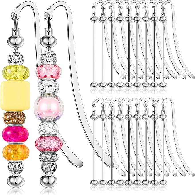 Dunzoom 20 Pcs Beadable Bookmarks DIY Metal Blank Bar Bookmark for Beads Modern Bead Craft Jewelry Pendant Charm Gift for Book Lovers Student Teacher Office Supplies(Silver)