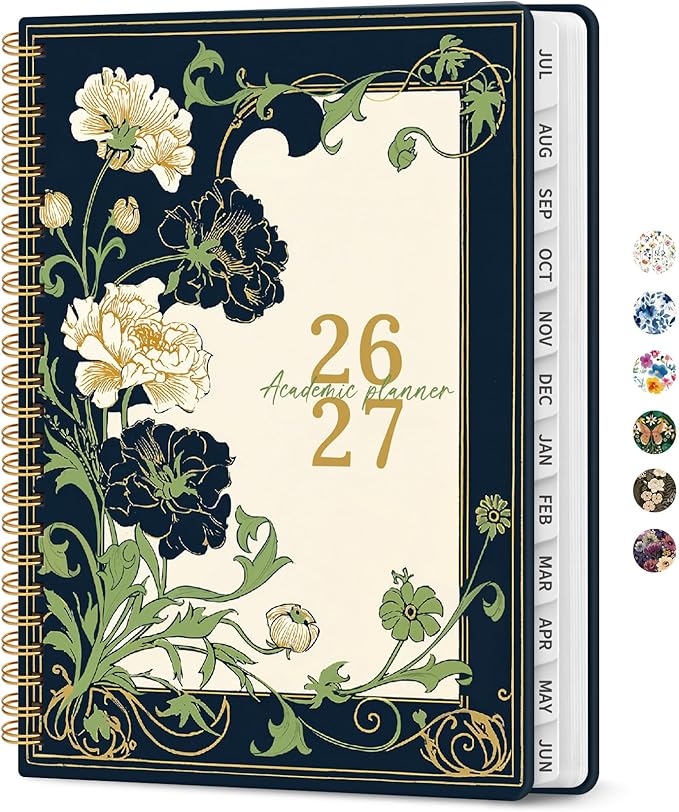 Planner 2026-2027, Academic Year Monthly and Weekly Calendar Planner, Jul 2026 - Jun 2027, Hardcover Teacher Student Planning Agenda book with Tabs, Perfect for School Office Supplies, 6.3" x 8.5" - Floral Dream