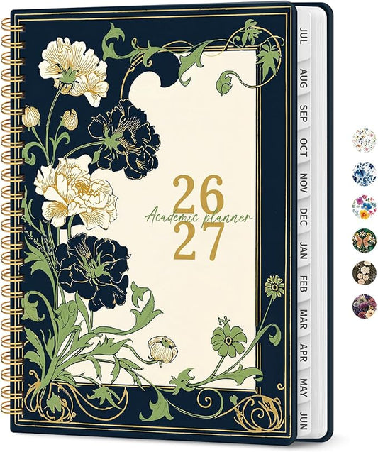 Planner 2026-2027, Academic Year Monthly and Weekly Calendar Planner, Jul 2026 - Jun 2027, Hardcover Teacher Student Planning Agenda book with Tabs, Perfect for School Office Supplies, 6.3" x 8.5" - Floral Dream