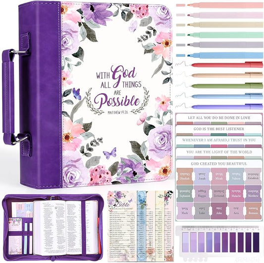 XKDOUS 24 Pcs Bible Cover Case for Women, Bible Journaling Kit, Portable Book Carrying Holder Bag with Bible Study Supplies, Church Bag Christian Gifts for Mom Lady Friends