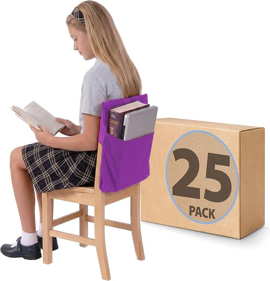 Seat Sack Student Chair Storage Pocket - 19", Classroom Chair Organizer for Student Desks, Durable Over-the-Chair Storage, Purple, 25-Pack