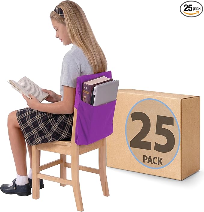 Seat Sack Student Chair Storage Pocket - 17", Single Pocket, Classroom Chair Organizer for Student Desks, Durable Over-the-Chair Storage, Purple, 25-Pack