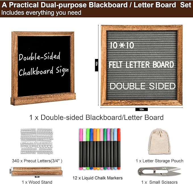 10" x 10" Double Sided Chalkboard Sign with Stand, Small Chalk Board Blackboard Wood Frame Felt Letter Board with 12 Chalk Markers and 340 Letters (Brown)