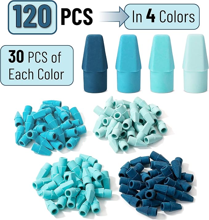 Mr. Pen- Pencil Top Erasers, 120 Pack, Blue Shades, Latex-Free, No-Smudge Cap Pencil Erasers for Precise Erasing, Kids, Teachers, Studying Supplies