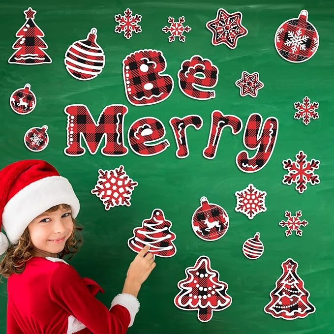Christmas Buffalo Plaid Cutouts Holiday Red Black Buffalo Plaid Classroom Bulletin Board Decorations Be Merry Winter Snowflake Themed Birthday Party Supplies for Toddler Kids Students Classroom