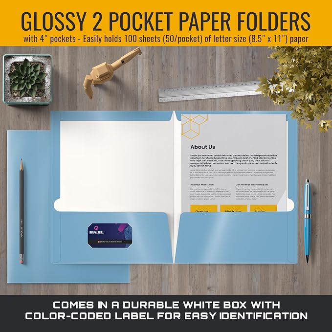 Better Office Products 2 Pocket Glossy Laminated Light Blue Paper Folders, Letter Size, Lt. Blue Paper Portfolios Box of 25 Light Blue Folders