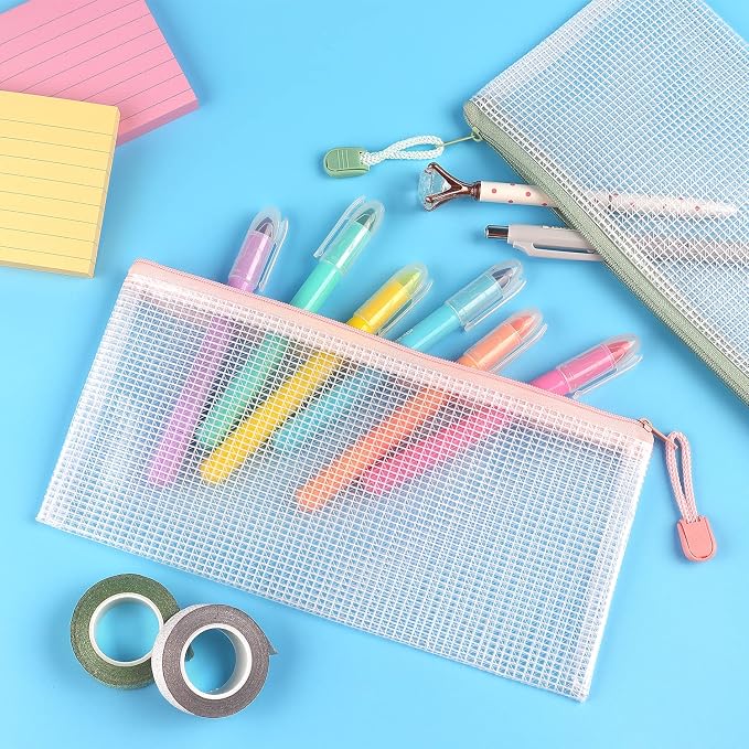 Tamaki 6 Pack Mesh Pencil Pouch Waterproof Bags Plastic Zipper Pouch A6 Size for Classroom Organization School Office Supplies (Macaroon, A6)