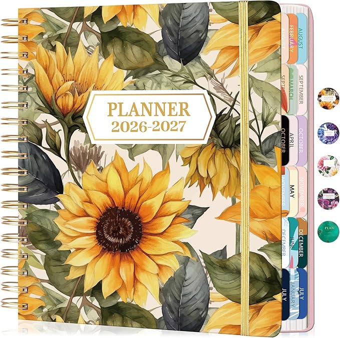 CAGIE 18 Month Planner July 2026 - December 2027, Academic Year Weekly & Monthly Planner with Tabs, 8.3 x 9.3 Floral Hardcover Organizer with 100GSM Thick Paper and Elastic Band for Women School Office