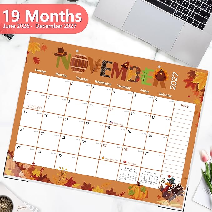 GuassLee Desk Calendar 2026-2027 Large 22" x 17" Desktop/Wall Monthly Calendar 19-Month School Year Planner Covers June 2026 to December 2027 with Julian Date&Notes for Easy Organizing