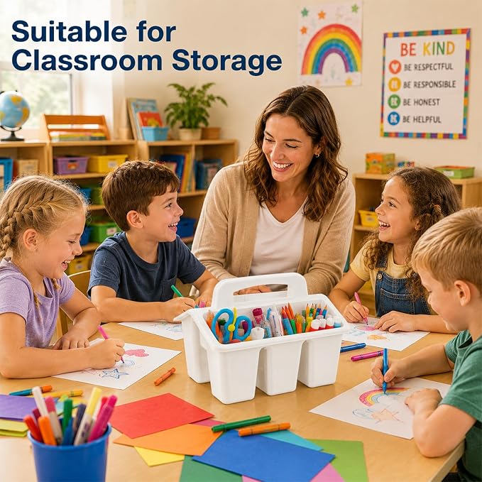 gisgfim 8 Pack Classroom Caddy Storage Basket with Handle 4 Compartment Storage Caddy Plastic Arts Crafts Caddies Protable Classroom Craft Caddies for Kids Schools Art Craft Supplies(White)