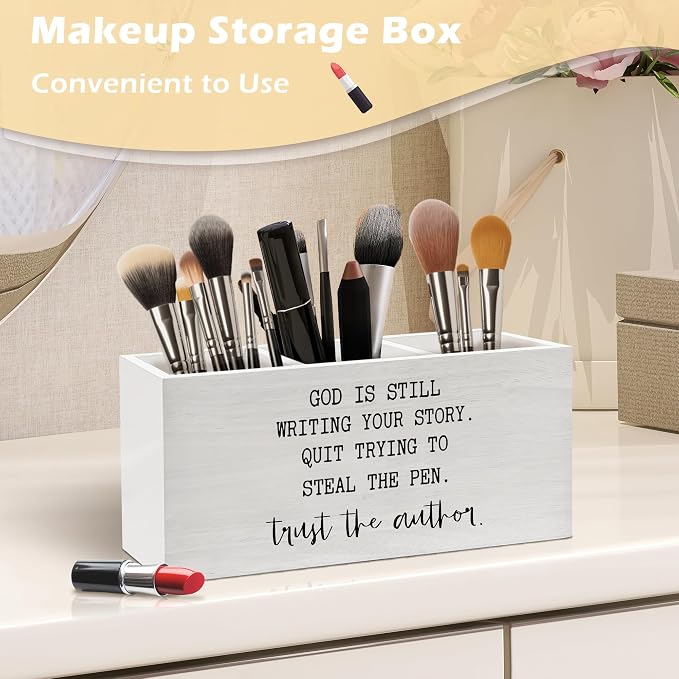 Inspirational Christian Pen Holder Organizer Desk Decor, Christian Gifts for Women, God Is Still Writing Your Story Bible Wooden Pen Pencil Holders for Home Office Desk Accessories