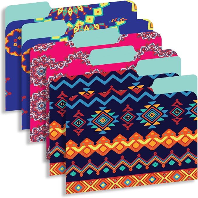 Decorative File Folders 1/3 Cut Tab, 12 Pack Ethnic Design, Heavyweight Laminated Letter Size (9.5” x 11.5”), Stylish Fashion File Folders for Home, Office & School Organization.