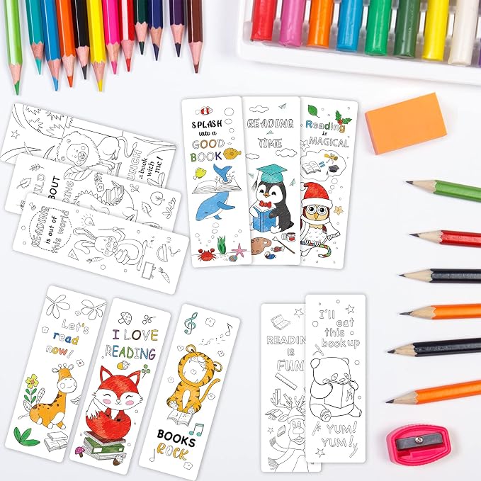 Anseal 60 PCS Color Your Own Bookmarks Bulk, DIY Bookmarks for Kids/Teens, Cute Animal Bookmarks for Reading Lover, 12 Styles Fun & Personalized Bookmark for Students, Classroom Rewards Supplies
