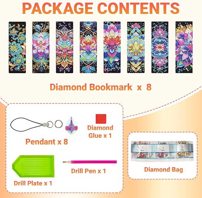 Diamond Art Bookmarks for Adults - 8 Pcs Mandala 5D Diamond Painting Bookmark Kits with Pendants and Making Accessories DIY Arts Craft Bookmarks for Book Lovers Beginner