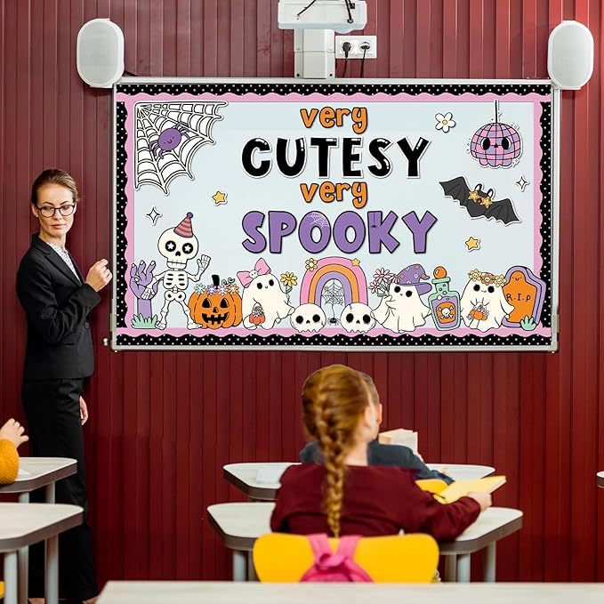 Halloween Bulletin Board Decorations Cute Ghost Paper Cutouts Very Cutesy Very Spooky Bulletin Board Set Pumpkin Spider Bat Party Supplies for Halloween School Chalkboard Wall Window Decoration Favor