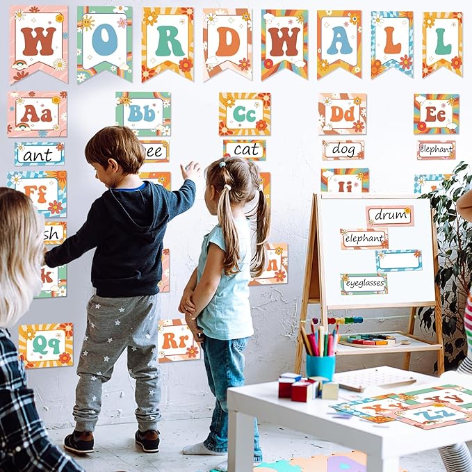 Groovy Bulletin Board Decorations Retro Classroom Decor Word Wall Bulletin Board Set Groovy Themed Wordwall Letters Summer Hippie Daisy Cutouts for Elementary Preschool Back to School Wall Supplies