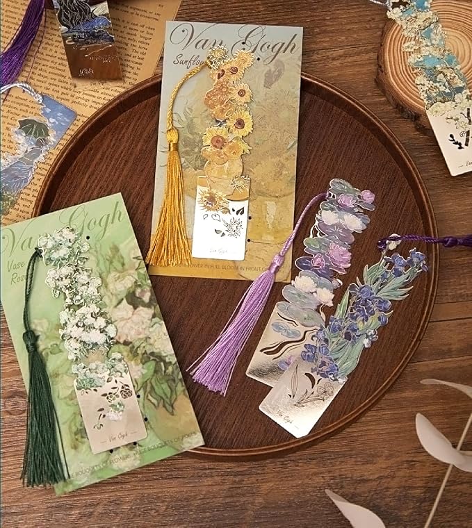 4 Pcs Metal Bookmarks with Tassel, Sliver Hollow Bookmark Van Gogh Oil Painting Theme Bookmark Art Bookmarks for Book Lovers Writers Readers Children Teens Men Women Adults (Van Gogh Gift Box)