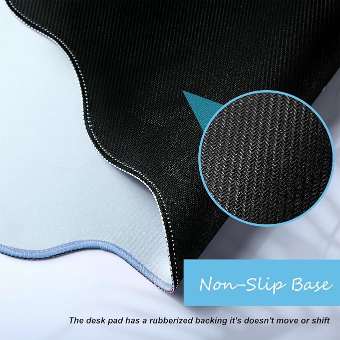 Hahafelt Scalloped Desk Mat Large Desk Pad Cute Coquette Table Mat Back to School Preppy Table Make up Pad Nonslip Graduation Gift with Stitching Waterproof Gaming(Blue,23.6 x 13.8 Inches)