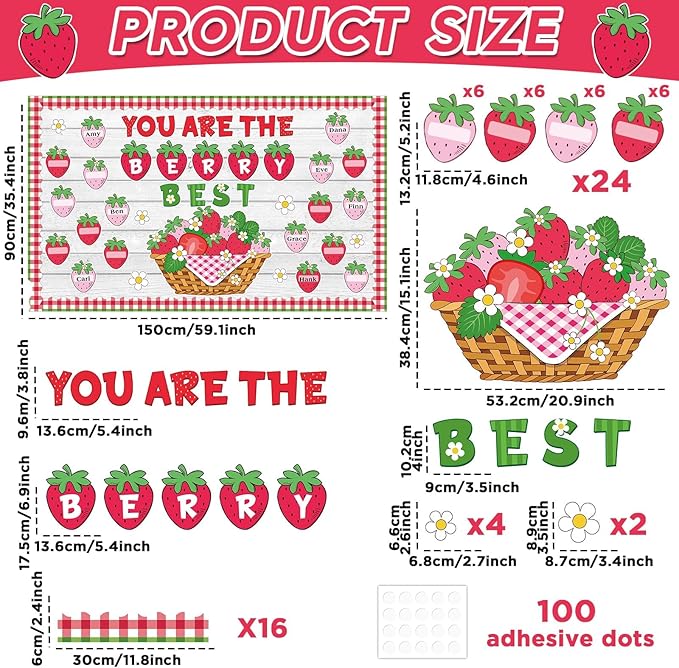 Strawberry Bulletin Board Set Back to School Classroom Decorations Summer Berry Flower Border Pink Sweet Fruit Name Tags Paper Cutouts for Teacher Strawberry School Supplies Chalkboard Wall Door Decor