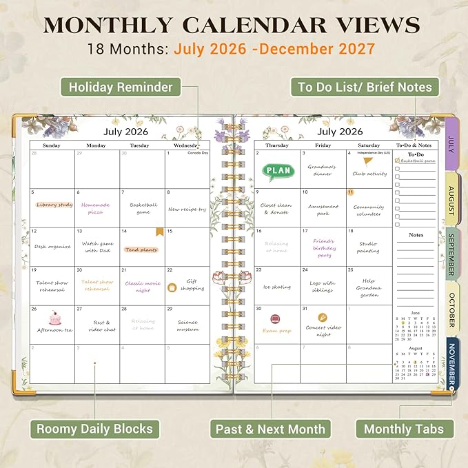 Academic Planner 2026-2027, 18 Months Weekly and Monthly Calendar Planner from July 2026 - December 2027, 7.3" x 10" B5 Large Hardcover Agenda Organizer Book with Tabs, Yearly Daily Planners for School Work Student Teacher, Eucalyptus