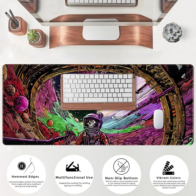 Strange Planet Desk Mat Space Scene Large Gaming Mouse Pad Extended Anime Vibrant Colors Desk Pad Futuristic Spaceship Mousepad XL Cosmic Adventure Skeleton Keyboard Mouse Mat 31.5"x11.8"
