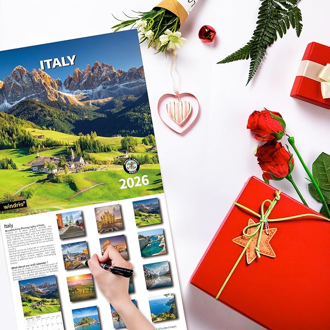2026 Wall Calendar,Calendar 2026, November 2025 - December 2026, Wall Calendar Italy, 12" x 24" Opened,Full Page Months Thick & Sturdy Paper for Calendar Organizing & Planning
