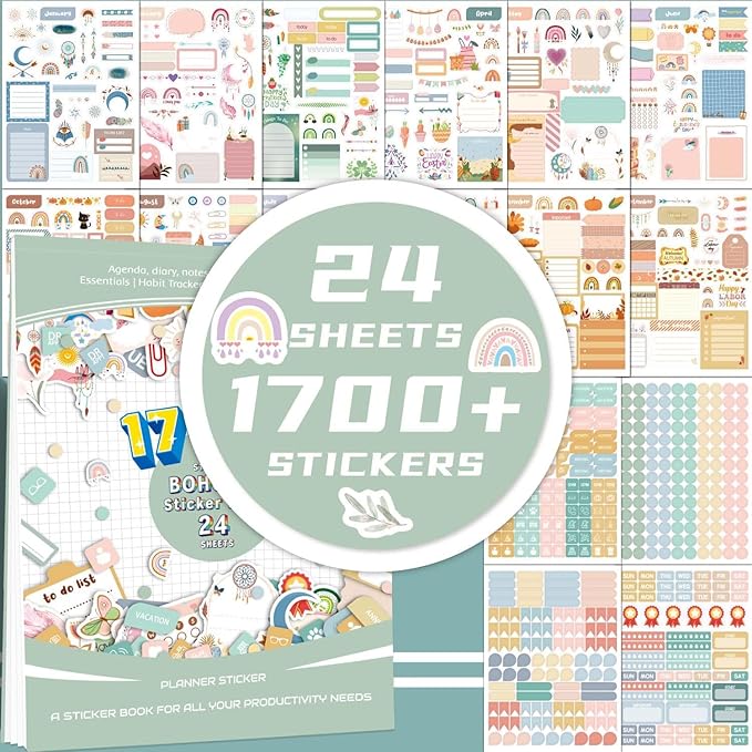 FUNCLASS 24 Sheets Aesthetic Stickers for Planners,Month Stickers for Planner,Budget Planner Stickers for Women,Green Small Planner Sticker Book,Calendar Stickers for Adults Planner,