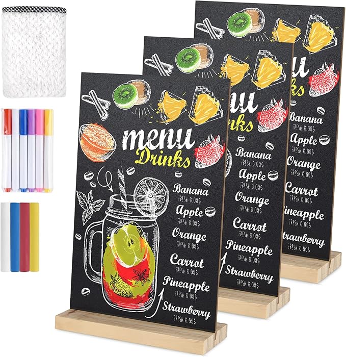 3 Packs 8 x 12 Inch Tabletop Chalkboard Sign With Wood Base - Double-Sided Message Boards Menu Stand for Kitchen, Wedding, Bar and Restaurant
