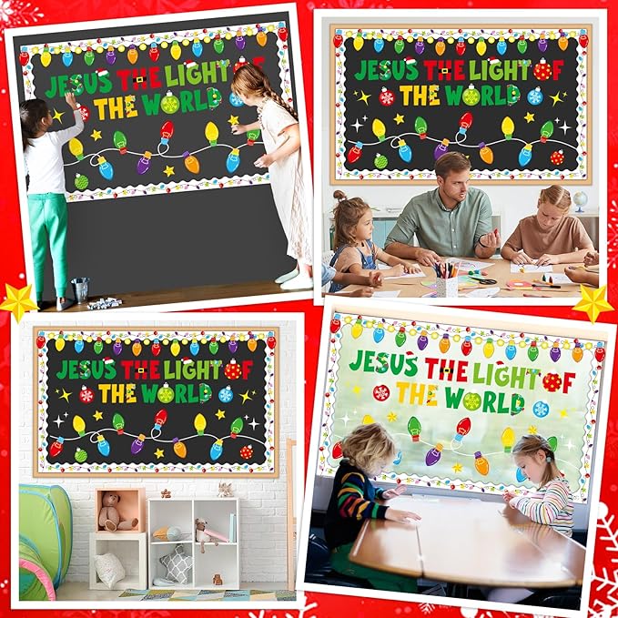 Christmas Bulletin Board Decorations Christian Jesus The Light of The World Paper Cutouts Bible Verse Colorful Light Bulb Bulletin Board Set for Xmas Winter Sunday School Church Wall Decoration Favor
