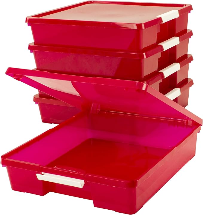 Storex Classroom Craft Project Box – Stacking Plastic Organizer Fits 12x12 Scrapbooking Paper, Red, 5-Pack (63204U05C)